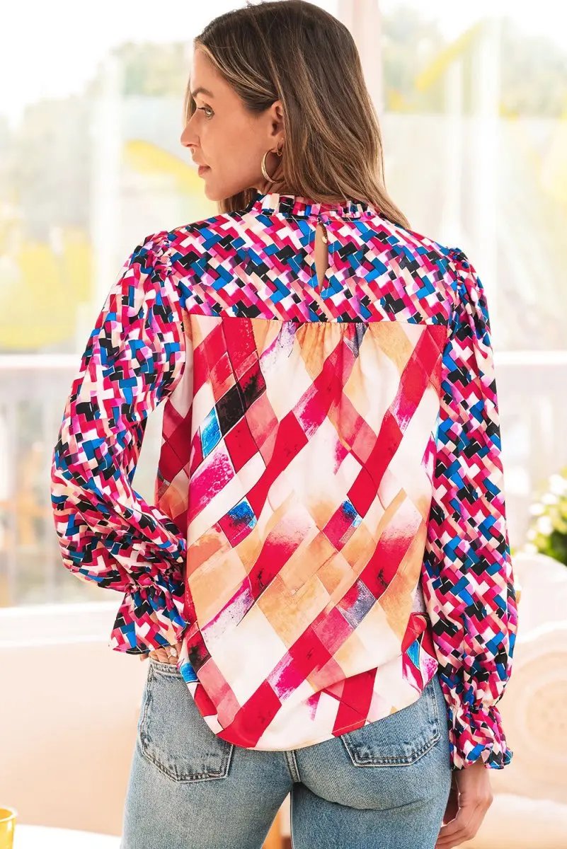 Rose Red Abstract Geometric Pattern Patchwork Puff Sleeve Blouse - Love Salve